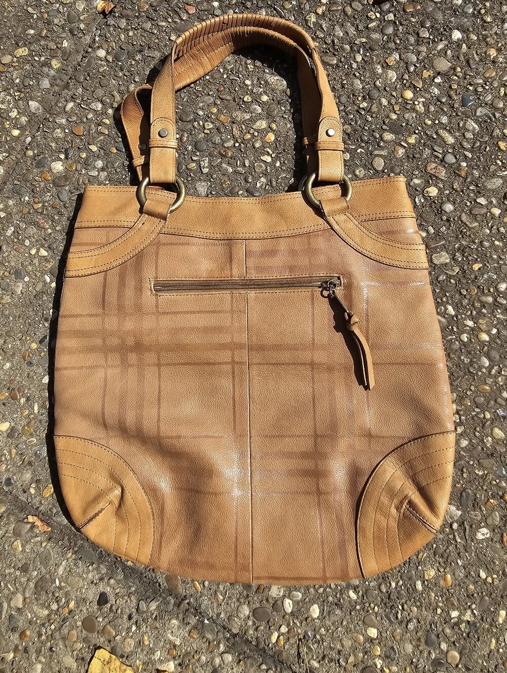 London Fog Vintage Tan Leather Shoulder Bag with Plaid Check Accent